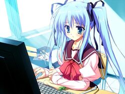  blue_eyes blue_hair computer female game_cg imageboard_desourced katsuragi_kotori keyboard_(computer) monitor mouse_(computer) munyuu non-web_source purely_(game) school_uniform solo twintails 