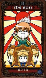  4girls ahoge artoria_pendragon_(fate) blonde_hair brown_hair chibi closed_eyes earrings fate/stay_night fate/tiger_colosseum fate_(series) fujimura_taiga highres jewelry keikenchi long_sleeves multiple_girls open_mouth saber_(fate) saber_lion scan short_hair smile sun sunburst tarot tarot_(medium) the_sun_(tarot) 