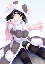  :p animal_hat animal_print black_hair black_pantyhose coat cow_hat cow_print female hat horns original pantyhose photoshop_(medium) pink_scarf purple_eyes scarf solo striped_clothes striped_pantyhose tongue tongue_out yamabuki_zarame 