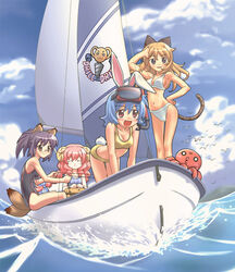  4girls animal_ears bikini blonde_hair blue_hair blush boat bow braid bunny_(trickster) cat_(trickster) cat_ears cat_tail day diving_mask diving_mask_on_head fox_(trickster) fox_ears fox_tail goggles goggles_on_head hairbow hand_on_own_hip horns midriff multiple_girls navel octopus ojiri_shin&#039;ya pink_hair purple_hair rabbit_ears rabbit_tail red_hair sailboat sheep_(trickster) sheep_ears snorkel swimsuit tail trickster_(ntreev_soft) twin_braids water watercraft 