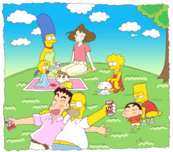  4boys 5girls alcohol animal armcho artistic_error baby bart_simpson beer canine cloud colored_skin commentary_request crayon_shin-chan crossover day drunk family homer_simpson lisa_simpson maggie_simpson marge_simpson mooning multiple_boys multiple_girls nohara_himawari nohara_hiroshi nohara_misae nohara_shinnosuke photoshop_(medium) picnic the_simpsons yellow_skin 