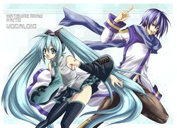  1boy aqua_hair bad_id bad_pixiv_id blue_scarf detached_sleeves female hatsune_miku headset kaito_(vocaloid) long_hair necktie scarf skirt su_(pixiv44447) thighhighs twintails very_long_hair vocaloid 