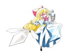  blonde_hair commentary_request dagger female jamadhar knife parody ribbon ryouko_(pixiv342653) shanghai_doll solo soulcalibur touhou traditional_media voldo weapon 