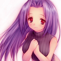  bare_shoulders commentary_request female idolmaster idolmaster_(classic) idolmaster_1 long_hair lowres miura_azusa nano00 own_hands_clasped own_hands_together photoshop_(medium) purple_hair red_eyes sleeveless sleeveless_turtleneck solo sweater turtleneck 