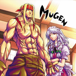  1boy alex_(street_fighter) blonde_hair blue_dress blue_eyes collarbone commentary_request copyright_name crossover dress female frills izayoi_sakuya looking_at_viewer m.u.g.e.n maid_headdress muscular pants puffy_short_sleeves puffy_sleeves shirosa short_sleeves street_fighter topless_male touhou white_hair 