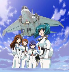  4girls aircraft airplane aqua_hair ass bodysuit brown_hair doi_shizuha fighter_jet highres honjou_mikaze jet kikuhara_karin military military_vehicle multiple_girls nakamura_ayamo open_mouth pilot_suit purple_hair smile stratos_4 tsr-2 white_bodysuit yamauchi_noriyasu 