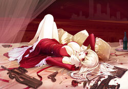  alcohol barefoot bed blonde_hair breasts bullpup cleavage commentary_request detached_sleeves dress elysion eri_(artist) female glock gloves gun handgun large_breasts long_hair lying open_mouth p90 pantyhose pillow red_eyes rifle smile sniper_rifle solo sound_horizon stella_(sound_horizon) submachine_gun suppressor weapon white_pantyhose wine 