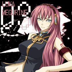  blue_eyes female headphones ihara_natsume long_hair megurine_luka navel pink_hair solo vocaloid 