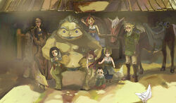  2girls 6+boys artist_request beth bird black_hair blonde_hair blue_eyes chicken colin_(zelda) cucco epona gloves goron hat horse link long_hair luda_(zelda) malo master_sword multiple_boys multiple_girls pointy_ears renado shield shield_on_back smile sword talo the_legend_of_zelda the_legend_of_zelda:_twilight_princess weapon 