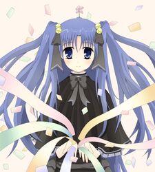  aoba_kozue bad_id bad_pixiv_id bell blue_eyes blue_hair confetti female flower flower_on_head hair_ribbon konno_natsume long_hair mahoraba ribbon solo watage 