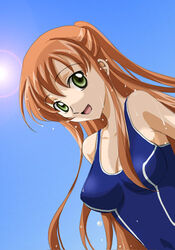  :d ashford_academy_swimsuit breasts code_geass commentary_request female green_eyes long_hair lowres medium_breasts one-piece_swimsuit open_mouth orange_hair school_swimsuit shirley_fenette sinko smile solo swimsuit 