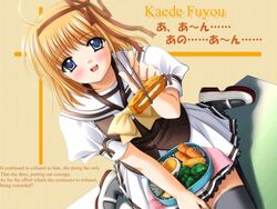  blue_eyes chopsticks dutch_angle english_text engrish_text female food fuyou_kaede imageboard_desourced kneeling national_verbena_academy_school_uniform nishimata_aoi non-web_source official_art orange_hair ranguage school_uniform short_hair shuffle! solo thighhighs 