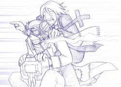  2boys carrying chair cigarette emphasis_lines franken_stein_(soul_eater) imageboard_desourced male_focus multiple_boys non-web_source object_through_head piggyback pointing riding scared scarf screw_in_head sitting sitting_backwards smoking soul_eater speed_lines spirit_albarn stitches tears 