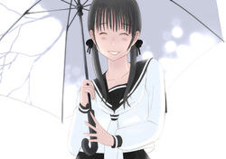  ^_^ blush closed_eyes facing_viewer female hair_ornament hair_over_shoulder happy holding holding_umbrella kiriman_(souldeep) long_hair long_sleeves neckerchief original school_uniform serafuku simple_background smile solo twintails umbrella upper_body white_background white_neckerchief 