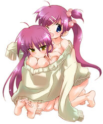  2girls ;d ahoge barefoot blue_eyes blush breasts cleavage feet futaki_kanata hair_bobbles hair_ornament hairclip hizuki_yayoi kneeling little_busters! long_hair medium_breasts multiple_girls naked_sweater one_eye_closed open_mouth purple_hair saigusa_haruka shared_clothes shared_sweater siblings side_ponytail sitting smile sweater twins yellow_eyes 