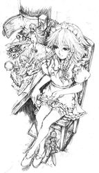  4girls cleaning fairy fairy_maid_(touhou) greyscale izayoi_sakuya katzeh knife maid maid_headdress mini_person minigirl monochrome multiple_girls photoshop_(medium) touhou 