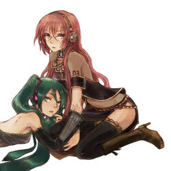  2girls bad_id bad_pixiv_id boots detached_sleeves glasses green_hair hatsune_miku kneeling kno_(anahita) long_hair megurine_luka multiple_girls pink_hair thighhighs twintails vocaloid 