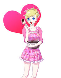  apron blonde_hair blue_eyes bowl earrings female food heart jewelry lisa_silverman persona persona_2 persona_2_tsumi smaru solo spatula 