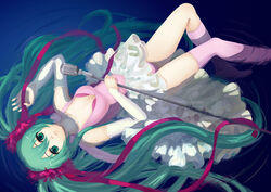  asymmetrical_legwear bad_id bad_pixiv_id female green_eyes green_hair hatsune_miku kneehighs leotard long_hair lying microphone microphone_stand photoshop_(medium) pink_leotard sellite socks solo thighhighs twintails uneven_legwear very_long_hair vocaloid 