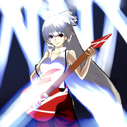  breasts eddie_van_halen female fujiwara_no_mokou guitar hair_ribbon hiroya_juuren holding holding_instrument instrument long_hair looking_at_viewer red_eyes ribbon rock_(music) sleeveless smile solo strap_slip touhou van_halen very_long_hair vest white_hair 