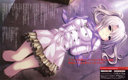  alpha_(yukai_na_nakamatachi) coat female g-senjou_no_maou highres lying on_back purple_eyes scan scarf shiratori_mizuha skirt solo text_focus twintails white_hair 