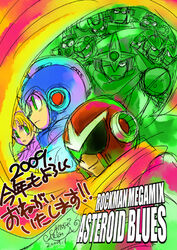  2girls 6+boys :o android ariga_hitoshi artist_name blonde_hair blue_headwear bodysuit closed_mouth copyright_name english_text gemini_man goggles green_eyes hard_man helmet lowres machinery magnet_man mega_man_(character) mega_man_(classic) mega_man_(series) mega_man_3 mega_man_megamix multiple_boys multiple_girls needle_man new_year parted_lips proto_man red_headwear robot robot_ears roll_(mega_man) shadow_man_(mega_man) signature snake_man spark_man text_focus top_man upper_body 