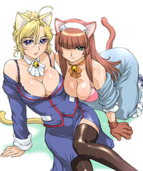  2girls animal_ears blonde_hair blue_eyes bra breasts brown_hair cat_ears cleavage commentary_request fujiyama_shizuka gaiking gaiking:_legend_of_daikuu_maryuu gloves green_eyes hair_over_one_eye large_breasts lingerie long_hair multiple_girls roza_(gaiking) short_hair tail thighhighs ueyama_michirou underwear 