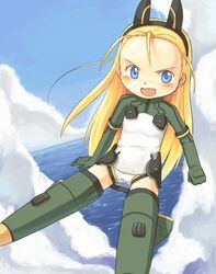  :d ahoge animal_ears armor bad_id bad_pixiv_id blonde_hair blue_eyes blush clenched_hand cloud day elise_von_dietrich fake_animal_ears female flat_chest flying fox_ears fox_girl gloves green_gloves hairband headgear leotard long_hair looking_at_viewer motion_slit ocean oerba_yun_fang okiami open_mouth outdoors parody pilot_suit sky sky_girls smile solo spread_legs striker_unit turtleneck v-shaped_eyebrows very_long_hair water white_leotard world_witches_series 