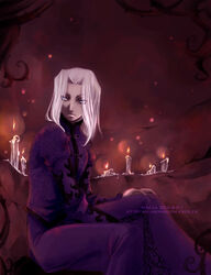  1boy artist_name blue_eyes candle castlevania:_lament_of_innocence castlevania_(series) dark dated expressionless eyes_visible_through_hair fire joachim_armster long_hair long_sleeves looking_to_the_side maevachan male_focus sitting solo watermark web_address white_hair 