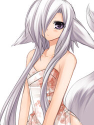  aika_(konshin) animal_ears bad_id bad_pixiv_id bare_shoulders blush female hair_over_one_eye japanese_clothes konshin long_hair original short_hair_with_long_locks solo tail very_long_hair white_eyes white_hair 