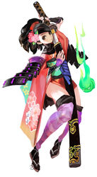  armor artist_request black_hair brown_eyes cherry_blossoms comb female floral_print flower gauntlets hair_flower hair_ornament hitodama holding holding_sword holding_weapon izuna_jinkuro japanese_armor japanese_clothes katana kimono kote kurokote left-handed momohime oboro_muramasa official_art pale_skin sandals sheath short_kimono shoulder_armor simple_background sode striped striped_leggings sword thighhighs unsheathing weapon zettai_ryouiki 