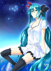  aqua_eyes aqua_hair bad_id bad_pixiv_id big_dipper black_thighhighs blush dress feathers female hair_ribbon hatsune_miku highres ihara_natsume long_hair ribbon short_dress sky solo star_(sky) starry_sky thighhighs twintails very_long_hair vocaloid world_is_mine_(vocaloid) 