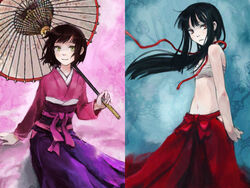  2girls bad_id bad_pixiv_id blunt_bangs bushidou_(sekaiju) bushidou_2_(sekaiju) bushidou_4_(sekaiju) chest_sarashi hair_down japanese_clothes kno_(anahita) multiple_girls oil-paper_umbrella red_eyes sarashi sekaiju_no_meikyuu sekaiju_no_meikyuu_1 umbrella yellow_eyes 