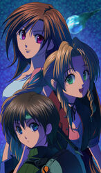  3girls aerith_gainsborough armor bad_id bad_pixiv_id blue_eyes braid brown_hair dodon_(reina) dress final_fantasy final_fantasy_vii green_eyes headband jacket long_hair multiple_girls purple_eyes short_hair single_braid sleeveless sleeveless_turtleneck tifa_lockhart turtleneck yuffie_kisaragi 