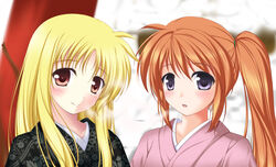  2girls amicis bad_link blonde_hair brown_hair fate_testarossa japanese_clothes kimono lyrical_nanoha mahou_shoujo_lyrical_nanoha_strikers multiple_girls purple_eyes red_eyes side_ponytail takamachi_nanoha yukata 