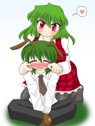  2girls akasode_(tyaramu) antennae black_legwear blush cheek_pinching closed_eyes commentary_request face_stretching green_eyes green_hair heart kazami_yuuka multiple_girls necktie pantyhose pinching plaid plaid_skirt plaid_vest red_eyes short_hair skirt skirt_set spoken_heart tears touhou vest wriggle_nightbug 