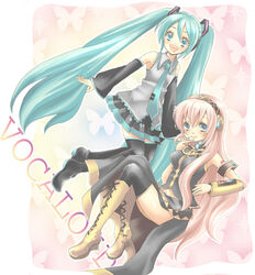  2girls aqua_hair boots bug butterfly commentary_request detached_sleeves hatsune_miku hoshino_(nia_hoshino) knee_boots long_hair megurine_luka multiple_girls necktie photoshop_(medium) skirt thighhighs twintails very_long_hair vocaloid 