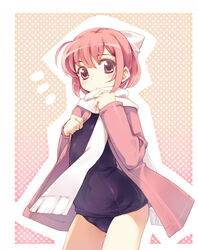  bad_id bad_pixiv_id blush coat commentary_request cowboy_shot female inato_serere no_pants old_school_swimsuit one-piece_swimsuit open_clothes open_coat original outline pink_eyes pink_hair purple_one-piece_swimsuit scarf school_swimsuit short_hair solo swimsuit swimsuit_under_clothes white_scarf 