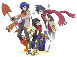  4boys ahoge almaz_von_almadine_adamant artist_request ash_(phantom_brave) blonde_hair blue_hair boots crossover dean_stark disgaea emil_castagnier ghost knee_boots look-alike makai_senki_disgaea_3 male_focus multiple_boys multiple_crossover nippon_ichi phantom_brave scarf shimono_hiro shovel tales_of_(series) tales_of_symphonia tales_of_symphonia_knight_of_ratatosk voice_actor_connection white_background wild_arms wild_arms_5 