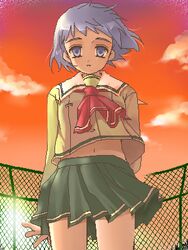  artist_request blue_hair female lowres oekaki rooftop school_uniform shizuku_(game) short_hair solo sunset tsukishima_ruriko 