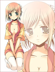  ayamisiro blush breasts cleavage commentary_request estellise_sidos_heurassein estellise_sidos_heurassein_(gracious_waitress) female frown green_eyes hair_bun medium_breasts navel no_bra official_alternate_costume open_clothes open_shirt pink_hair seiza shirt short_hair shy single_hair_bun sitting solo tales_of_(series) tales_of_vesperia tears thighhighs v_arms zoom_layer 