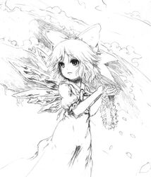  cirno female flower greyscale katzeh monochrome photoshop_(medium) ribbon solo touhou wings 