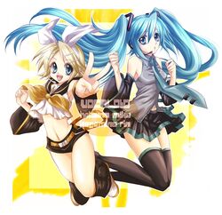  2girls bad_id bad_pixiv_id blue_hair detached_sleeves foreshortening hatsune_miku headset kagamine_rin long_hair midriff multiple_girls necktie skirt su_(pixiv44447) thighhighs twintails v very_long_hair vocaloid 