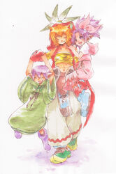  2boys bud_(lom) commentary_request female legend_of_mana lisa_(lom) mihoka multiple_boys painting_(medium) purple_hair robe seiken_densetsu toto_(lom) traditional_media watercolor_(medium) 