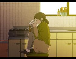  bad_id bad_pixiv_id cup drinking female kitchen letterboxed mug name_(sh) original ponytail short_hair solo stool 