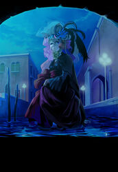  blonde_hair blue_eyes commentary_request dress female highres mask night original solo water yukihiko 