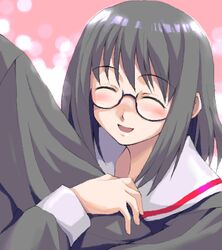  arm_hug artist_request black_hair blush female glasses holding_another&#039;s_arm kurihara_touko lowres oekaki school_uniform serafuku short_hair sidelocks smile solo_focus tenshi_no_inai_12-gatsu 