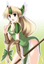  bent_over blonde_hair blush bow dress female green_bow green_dress hairbow hyokkori_tamago loincloth long_hair looking_at_viewer low-tied_long_hair riesz seiken_densetsu seiken_densetsu_3 solo tareme very_long_hair 