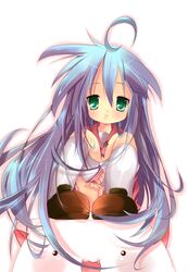  :3 ahoge bad_id bad_pixiv_id blue_hair cathead female green_eyes izumi_konata kneehighs long_hair lucky_star nyamou oerba_yun_fang ouki ryouou_school_uniform school_uniform serafuku socks solo very_long_hair 