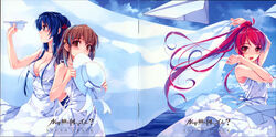  3girls album_cover bed_sheet blue_eyes blue_hair breasts brown_eyes brown_hair cleavage cover day dress hat highres holding holding_clothes holding_hat koga_sayoko long_hair medium_breasts misaki_kurehito miyamae_tomoka multiple_girls paper_airplane ponytail red_eyes red_hair ribbon short_hair suiheisen_made_nan_mile? sun_hat sundress tsuyazaki_kokage unworn_hat unworn_headwear 